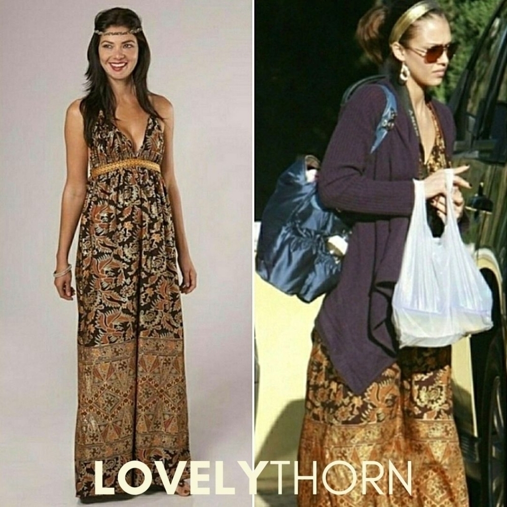 LOVE SHOP// celebrity favorite brown gold tribal print plunge halter maxi dress